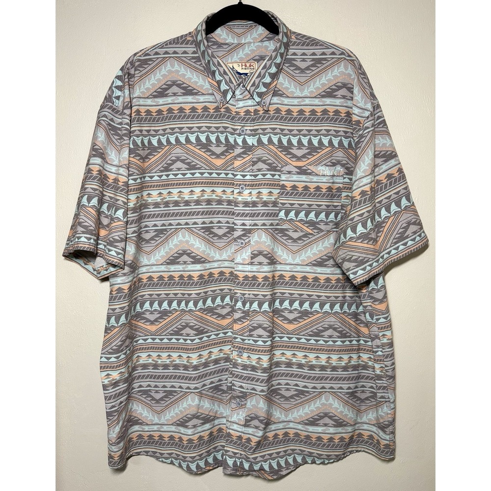 Huk Performance Button Up Fishing Shirt Men's 2XL Aztec Breathable Lightweight